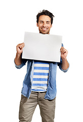 Image showing Man, poster mockup and portrait or presentation board in studio for promotion, information or white background. Male person, face and placard signage for advertising, recommendation or suggestion