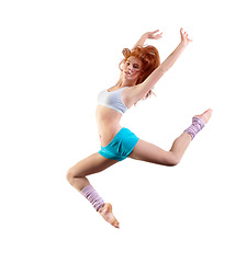 Image showing Woman, dancer and jump or portrait for sports creative, .expression exercise, white background as mockup space. Female person, aerobics and workout gymnastics or fit leap practice, moving or training
