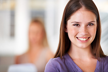 Image showing Portrait, happy and young business woman in her office for the start of career with an internship. Face, company and smile with a confident professional employee closeup in a design agency workplace