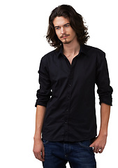 Image showing Fashion model thinking, studio and man sad over casual clothes, trendy style or apparel style problem, shirt and choice. Clothes decision, depression and person outfit crisis on white background