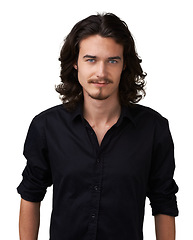 Image showing Fashion portrait, shirt and studio man with semi formal outfit, style or confident pride in apparel, relax attire and stare. Clothes, smile and stylish male model with long hair on white background