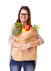 Image showing Portrait, vegetables and woman with brown bag, vegan and girl isolated on white studio background. Face, person or model with healthy food, glasses or diet plan with mockup space, grocery or wellness