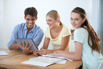 Image showing Woman, business meeting and portrait with tablet, looking and planning with coworkers. Man, women and technology for teamwork, working or project for conversation, workplace and professional