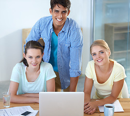 Image showing Business people, teamwork and laptop for office planning, marketing research and copywriting on website. Portrait of manager, professional women, creative writer with computer or social media startup