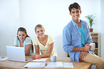 Image showing Portrait, meeting and laptop with documents, teamwork and planning creative strategy with workers or smile. Man, women and tech for email, work or project for conversation, workplace or professional
