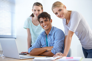 Image showing Business people, collaboration portrait and laptop for office planning, marketing research and copywriting meeting. Young professional employees or startup team with computer and social media project