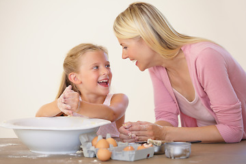 Image showing Eggs, baking and happy family bonding, love and excited mother and daughter prepare recipe, wheat flour or ingredients. Kitchen bowl, mama and youth kid girl learning home cooking together with mom