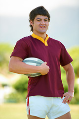 Image showing Rugby, sports and athlete and portrait of man on field for training, health and stadium practice. Challenge, competition and performance with person in outdoor pitch for exercise, games and workout