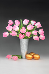 Image showing Happy Easter with Luxury Gold Eggs and Pink Tulips