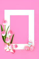 Image showing Happy Easter Background with Tulips and Eggs