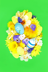 Image showing Easter Egg Concept Shape with Decorated Eggs and Flowers