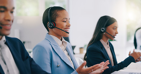 Image showing Call center, telemarketing or customer service agents consulting for crm with headset in office. Contact us, communication and consultants working on online sales and technical support in workplace.