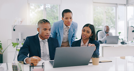 Image showing Business people, manager and employees with laptop, collaboration and internet with teamwork, cooperation and talk. Staff, women or man with a computer, online notification or planning with a project