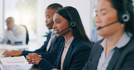 Image showing Call center, customer support and an indian woman with a headset in her office for help or assistance. Telemarketing, contact us or question with a young employee working on a laptop at her desk