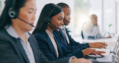 Image showing Call center, customer service and an indian woman with a headset in her office for help or assistance. Customer support, contact us or question with a young employee working on a laptop at her desk