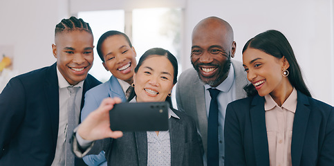 Image showing Smile, selfie and happy business people in the office for team building or bonding together. Collaboration, diversity and group of professional work friends taking a picture at modern workplace.