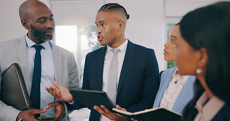 Image showing Business people, meeting and tablet with conversation, planning or discussion with teamwork, cooperation or project. Staff, group or manager with employees, tech or brainstorming with app or internet