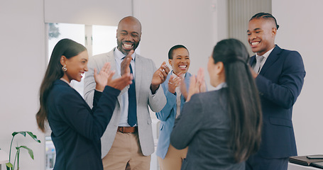 Image showing Business people, applause and promotion with celebration, smile and excited with victory, winning and teamwork. Opportunity, achievement and cheering with staff, clapping and cooperation with support