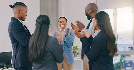 Image showing Business people, applause and promotion with celebration, excited and cooperation with victory, winning and teamwork. Opportunity, achievement and cheering with staff, clapping and collaboration