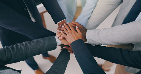 Image showing Hands together, closeup or business people with teamwork, support or solidarity. Team building, huddle or worker group with motivation, partnership or trust, training or goal agreement celebration