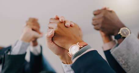 Image showing Business people, holding hands and group with support, teamwork and partnership with b2b deal. Staff, employees and coworkers with trust, about us and collaboration with cooperation and professional