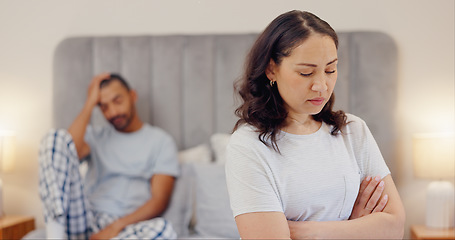 Image showing Frustrated couple, bed and fight in conflict, disagreement or argument for divorce or breakup at home. Man and woman ignore in cheating affair, toxic relationship or mistake for drama in bedroom