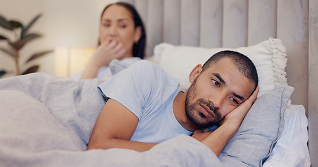 Image showing Frustrated couple, bed and divorce in argument, disagreement or breakup from fight or conflict at home. Man and woman ignore in cheating affair, toxic relationship or mistake for drama in bedroom