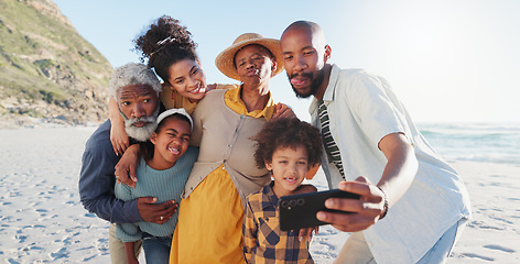 Image showing Selfie, hug and happy family at a beach for travel, fun or adventure in nature together. Love, profile picture and African kids with parents and grandparents at the sea for summer, vacation or trip