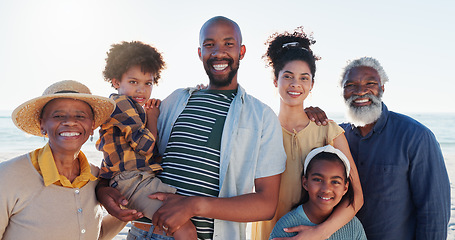 Image showing Portrait, beach and family with vacation, summer and smile with weekend break, getaway trip and sunshine. Love, grandparents and mother with father, children and seaside with kids, holiday and water