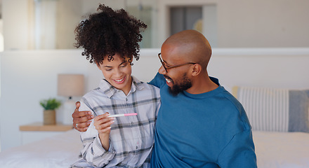 Image showing Happy couple, bed and positive pregnancy test for family, start or maternity at home. Face of excited man and pregnant woman smile for parenthood, morning or good news or results in bedroom together