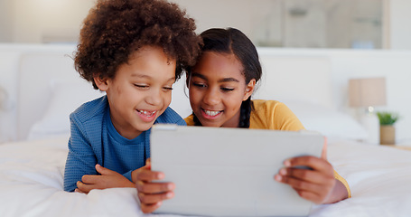 Image showing Happy children, tablet and bed for streaming entertainment, morning or holiday weekend together at home. Little boy, girl or siblings smile on technology for watching, games or online series at house