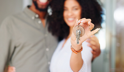 Image showing Couple, hand and keys at front door, new home and portrait with pride, care and bonding. African woman, man and happy together with embrace, love and investment with property, real estate or house