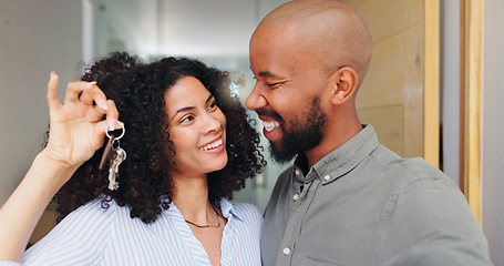 Image showing African couple, smile and keys at new home, front door and excited with pride, care and bonding. Man, woman and happy together with thinking, love and investment with property, real estate and house