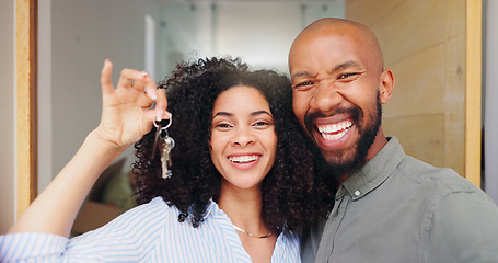 Image showing Couple, portrait and keys at front door, new home and excited with pride, care and bonding. African woman, man and happy together with embrace, love and investment with property, real estate or house