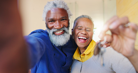 Image showing Senior couple, selfie and keys at front door, new home or excited with pride, care or moving. African woman, man and happy together for portrait, love or investment in property, real estate or house
