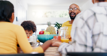 Image showing Black family, food and parents with children praying for breakfast, lunch and eating together. Home, religion and people in prayer for bonding with meal for health, nutrition and hunger in house