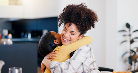 Image showing Kid, smile and hug mom in home for love, care and kindness of family support, trust and gratitude. Young girl child, relax and embrace happy woman for mothers day, bonding and together in apartment