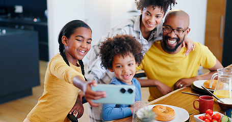 Image showing Selfie, food and a black family eating in the kitchen of their home together for health, diet or nutrition. Breakfast, photograph or memory with a mother, father and children together in an apartment