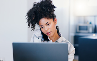 Image showing Woman, laptop and phone call in home for remote work, planning information or feedback from contact. Freelancer, computer and communication on smartphone for social networking, research or connection