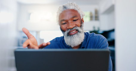 Image showing Senior, black man and video call on laptop in home for voip communication, social networking and chat. Elderly guy speaking on computer for virtual conversation, online contact and digital connection