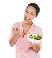Image showing Happy woman, portrait and salad in studio eating healthy food, detox lunch or breakfast on a white background. African person or model with tomato, vegetables and fruit or green lettuce for diet meal