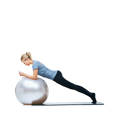 Image showing Woman, ball or stretching in studio space for workout, wellness or mobility exercise on white background. Legs, training equipment or athlete fitness for core challenge, balance or flexibility mockup