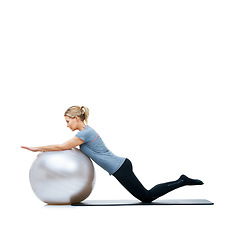 Image showing Woman, ball or balance on a white background space for workout, wellness or mobility exercise on studio. Female athlete, training equipment or fitness for mockup, stretching arms or body flexibility