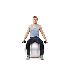 Image showing Happy man, ball or portrait on studio space for dumbbell workout performance, wellness or white background. Strong male athlete, training equipment or fitness weights for mockup, exercise or balance