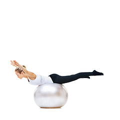 Image showing Woman, ball or balance in studio space for workout, wellness or mobility exercise on white background. Athlete, training equipment or fitness for core challenge mockup, stretching body or flexibility