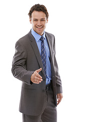 Image showing Portrait, happy and business man with handshake offer in studio with welcome greeting on white background. Face, thank you and male entrepreneur smile with shaking hands emoji for support or b2b deal