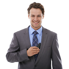 Image showing Business, travel and portrait of happy man with passport in studio for immigration or opportunity on white background. ID, ticket or face of guy entrepreneur with boarding pass for airport compliance