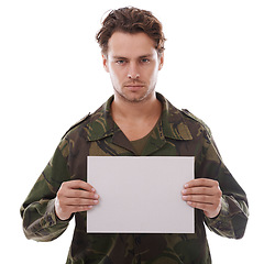 Image showing Military, mockup and portrait of man in studio for depression, ptsd or awareness on white background. Army, face or soldier with paper space for mental health, support or post service trauma recovery