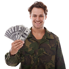 Image showing Military, portrait and happy man with money fan in studio with payment, insurance or cashback on white background. Army, loan and face of male soldier with cash, bonus or loan, salary or compensation