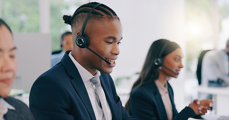 Image showing Business people, telemarketing and call center with conversation, black man and customer service. Staff, group or professional with headphones, office and internet with crm, tech support or help desk